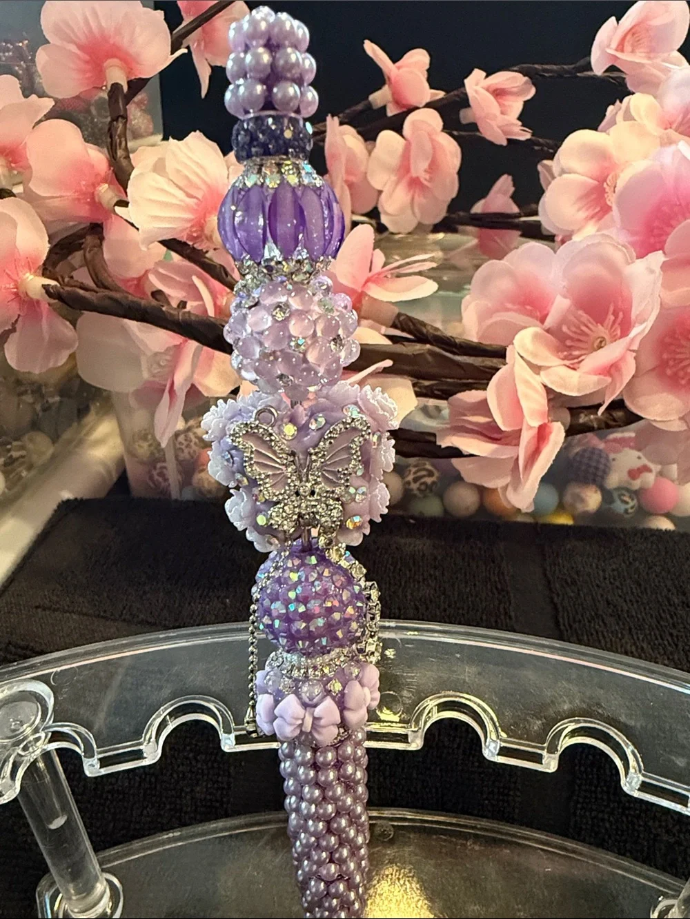 Lavender Beaded Tassel Charm with Butterfly Accent
